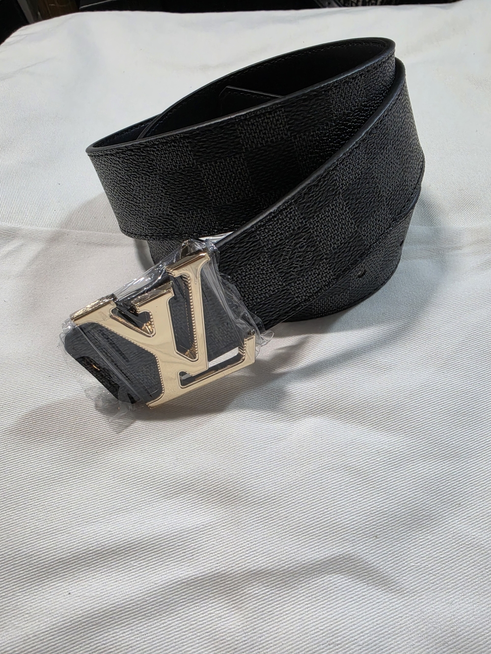 Men's Black Checkered Leather Belt with Gold Buckle